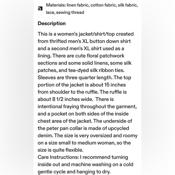 Handmade Artisan Vintage Materials Jacket Silk Bow Closure Peter Pan Collar XL - Picture 16 of 16